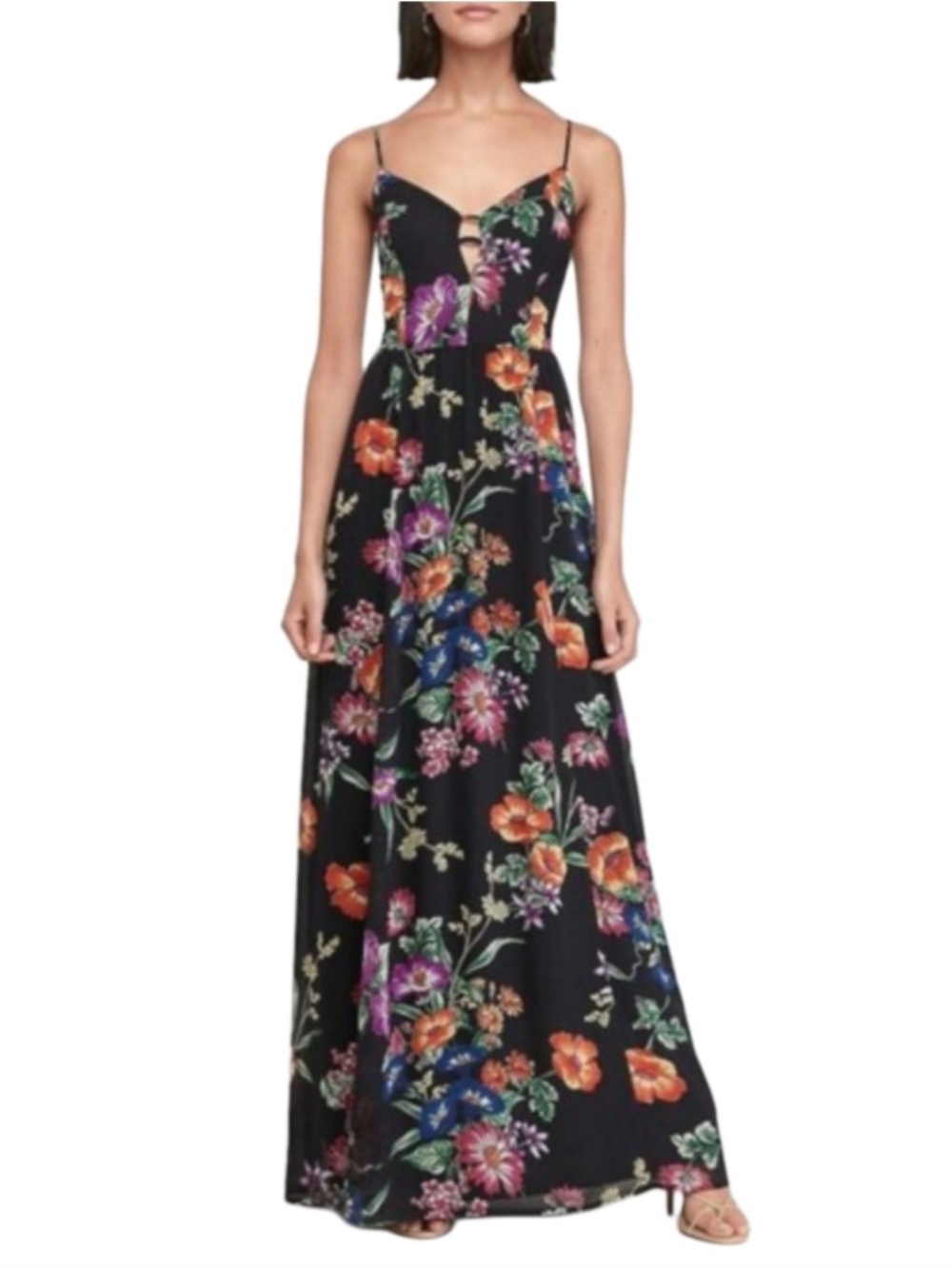 Express Womens Black Floral Cutout Front Spaghetti Straps Maxi Dress Size Small